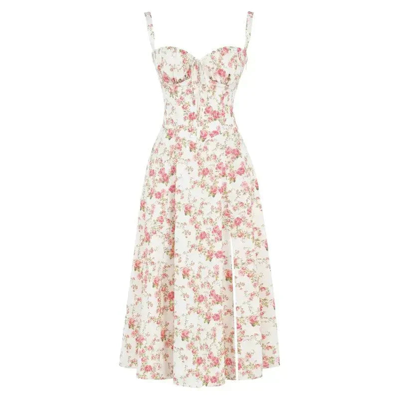 Women's Floral Midi Dress With Sweetheart Neckline & Spaghetti Straps
