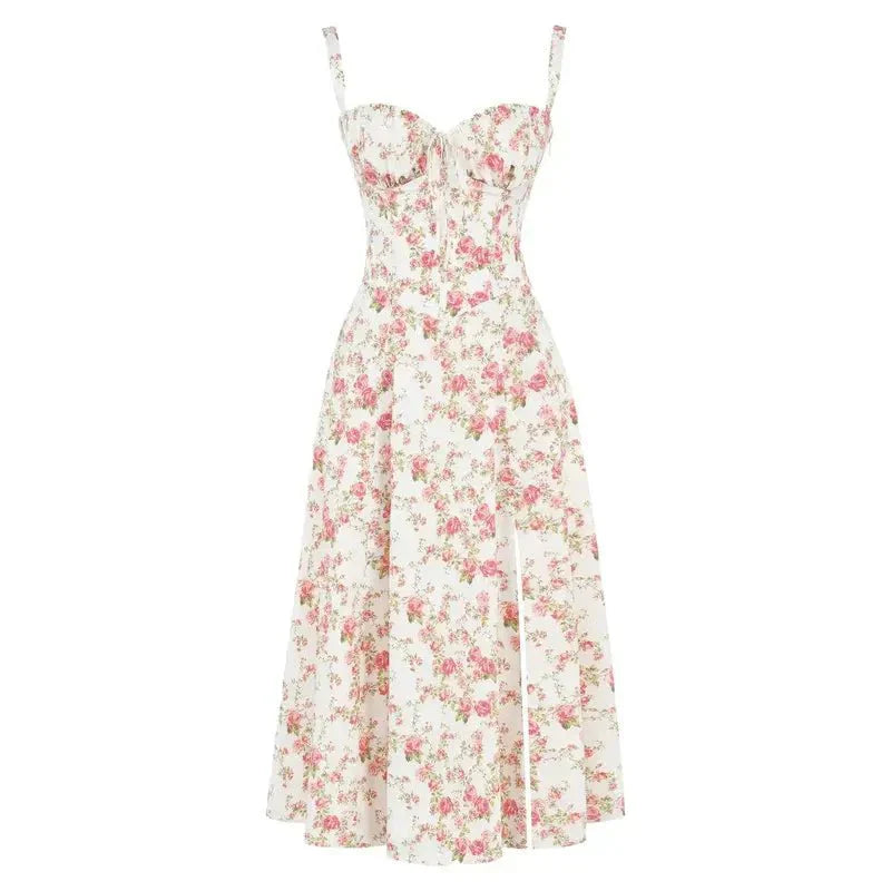 Women's Floral Midi Dress With Sweetheart Neckline And Front Slit