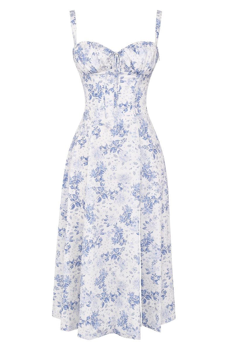 Women's Floral Midi Dress With Sweetheart Neckline And Front Slit