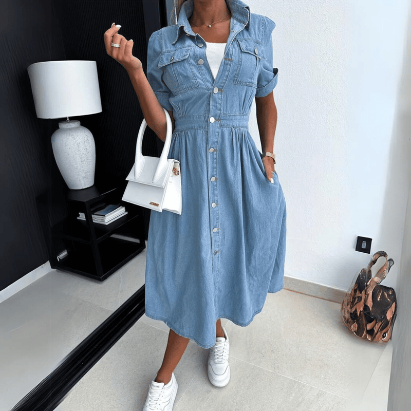 Women's Denim Midi Dress With Button Front & Short Sleeves