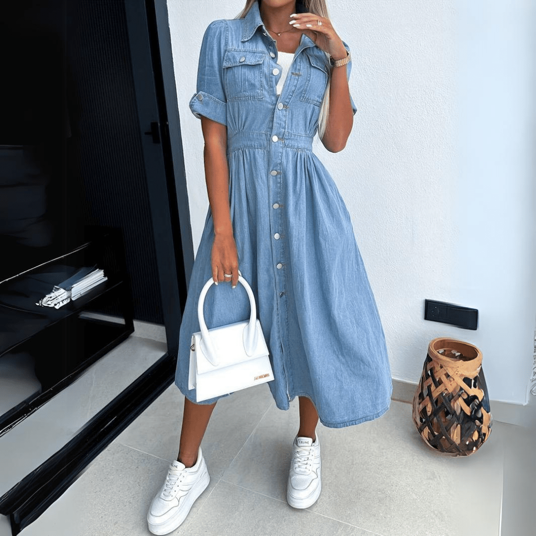 Women's Denim Midi Dress With Button Front & Short Sleeves