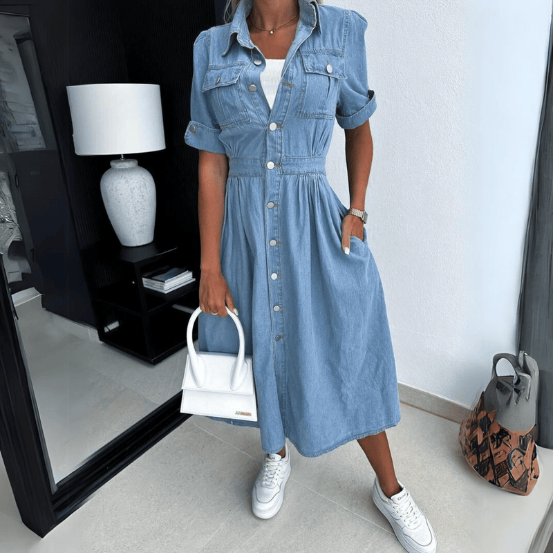 Women's Denim Midi Dress With Button Front & Short Sleeves