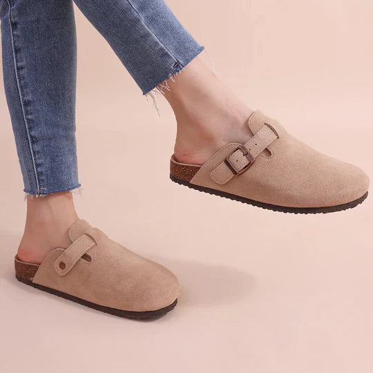 Women's Suede Cork Slippers With Buckle Strap