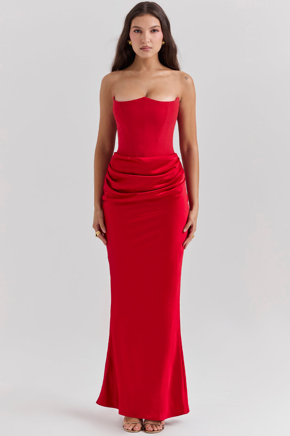 Women's Strapless Maxi Dress With Draped Waist & Slim Fit