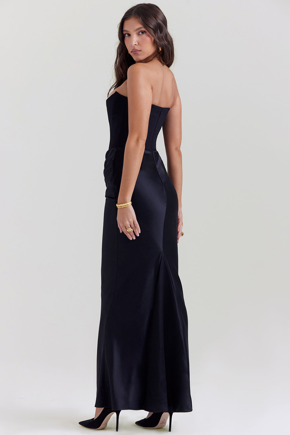 Women's Strapless Maxi Dress With Draped Waist & Slim Fit