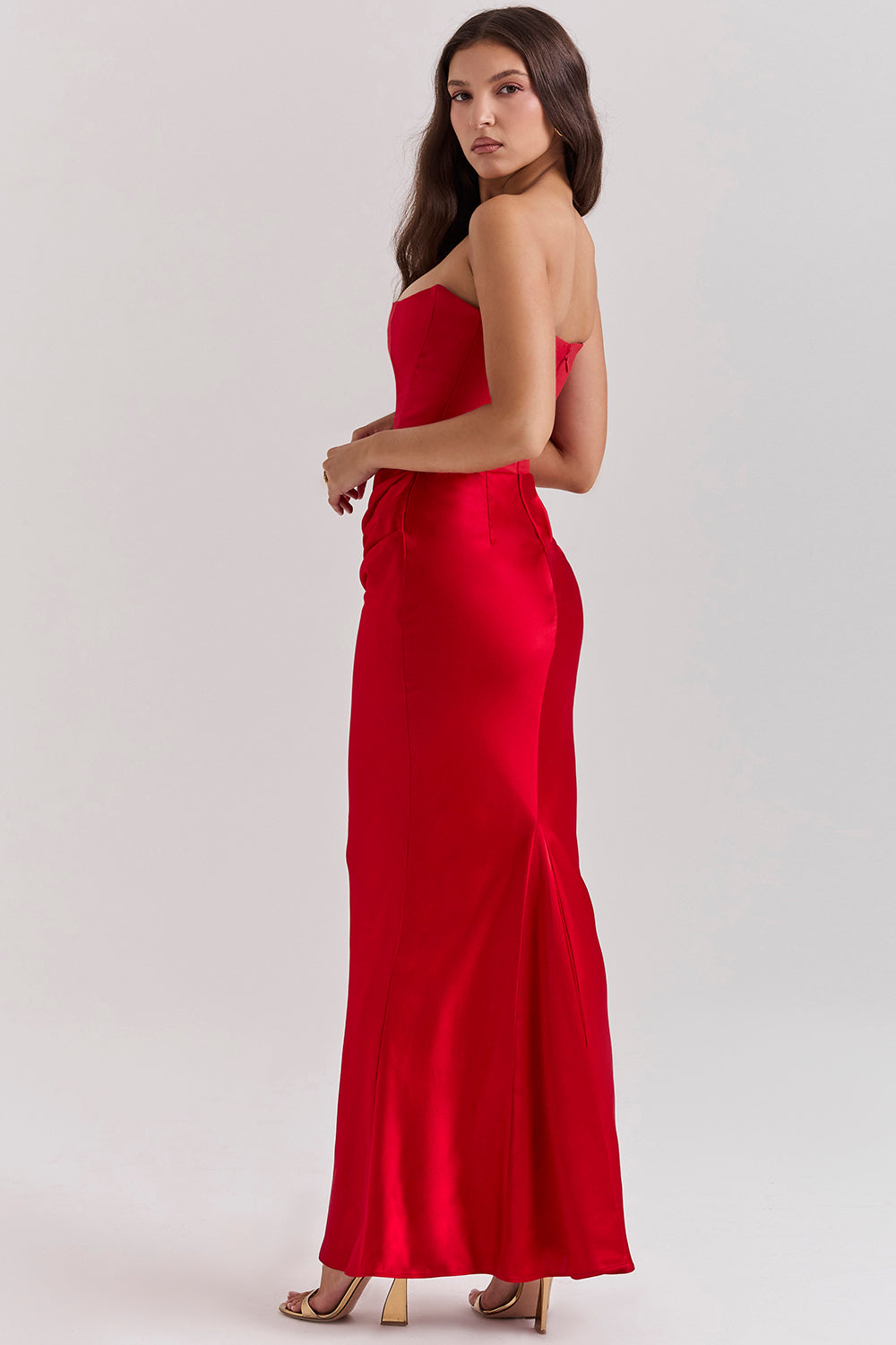 Women's Strapless Maxi Dress With Draped Waist & Slim Fit