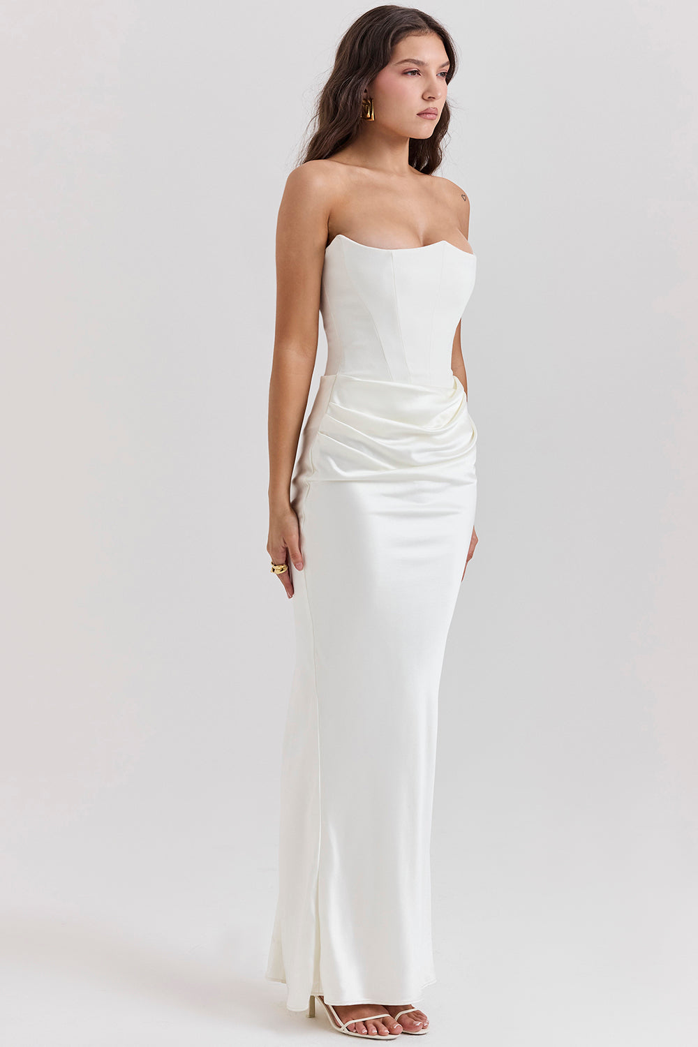 Women's Strapless Maxi Dress With Draped Waist & Slim Fit