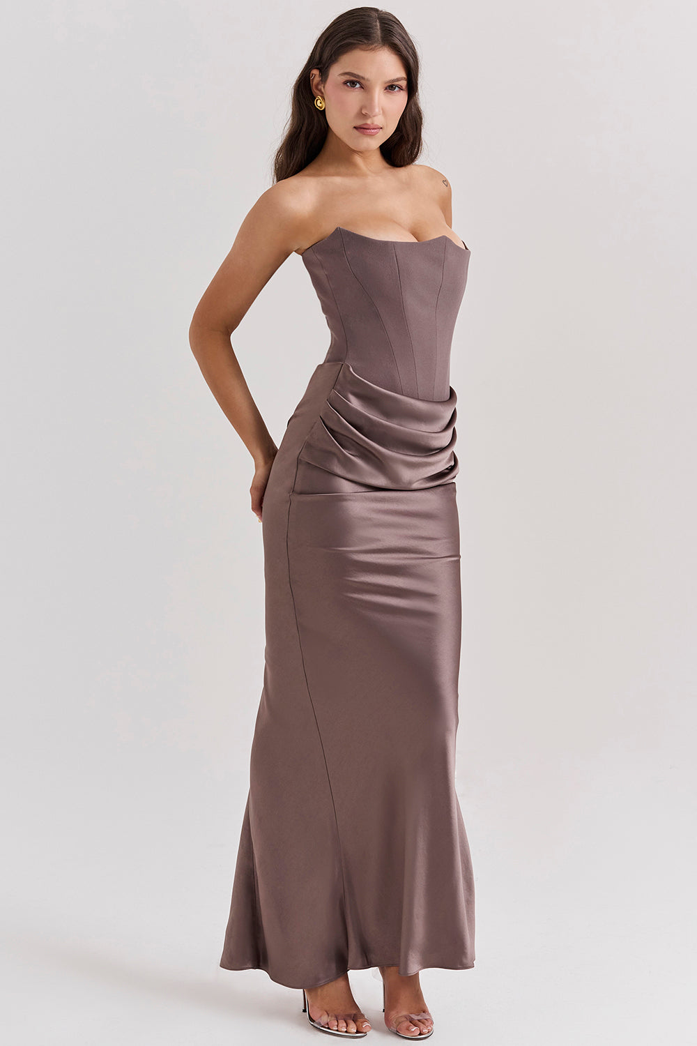 Women's Strapless Maxi Dress With Draped Waist & Slim Fit