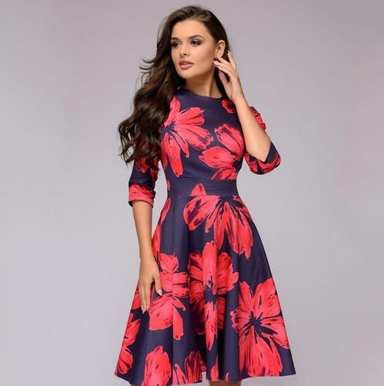 Women's Floral Midi Dress With Half Sleeves