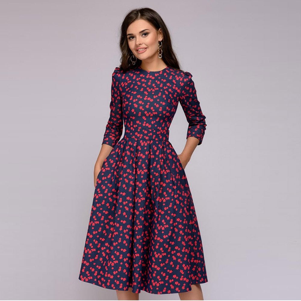 Women's Floral Midi Dress With Half Sleeves