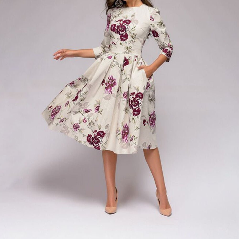Women's Floral Midi Dress With Half Sleeves