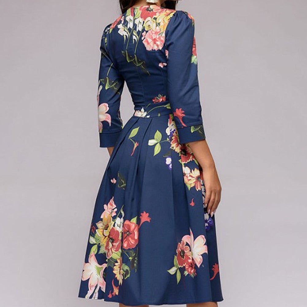 Women's Floral Midi Dress With Half Sleeves