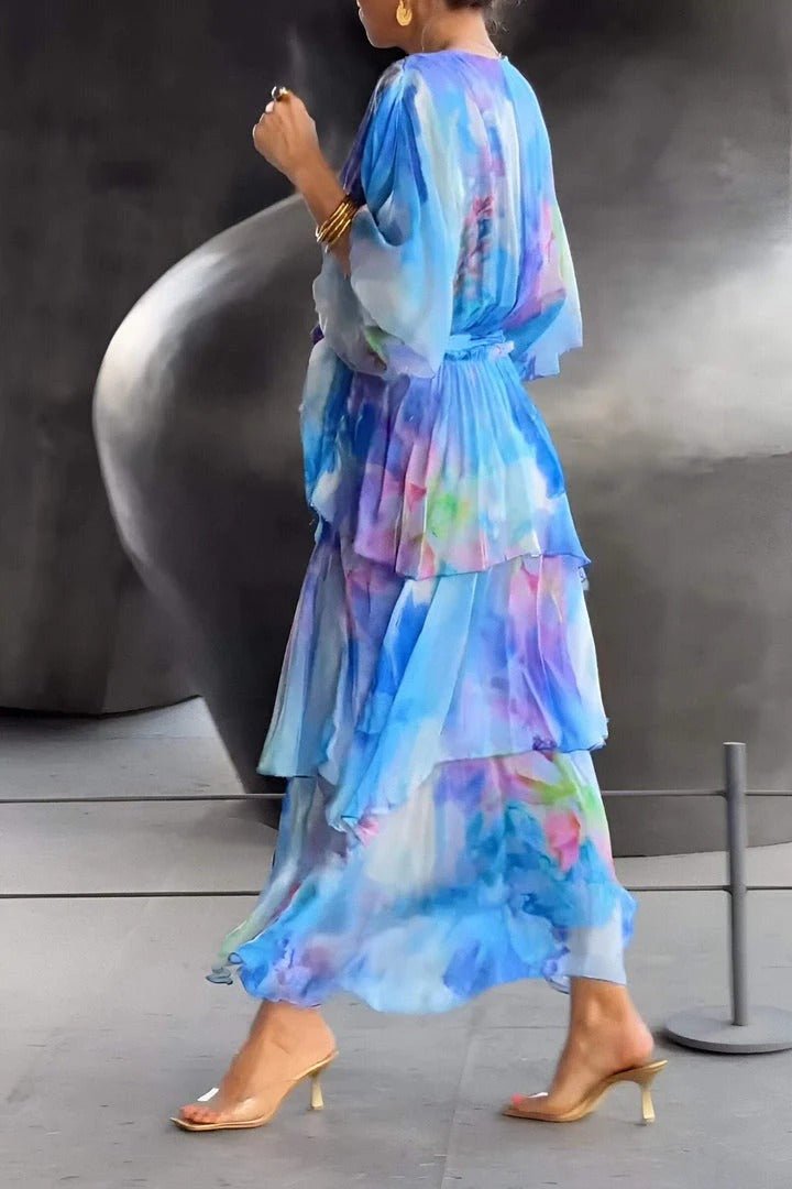 Women's Floral Layered Maxi Dress With V-neck & Half Sleeves