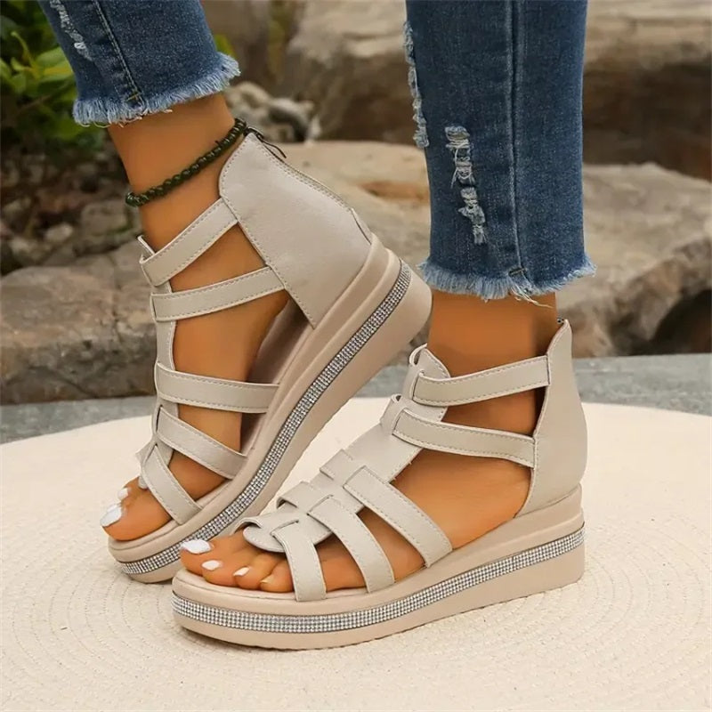 Women's Strappy Wedge Sandals With Rhinestone Detail