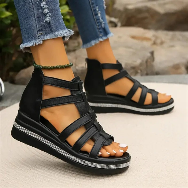 Women's Strappy Wedge Sandals With Rhinestone Detail