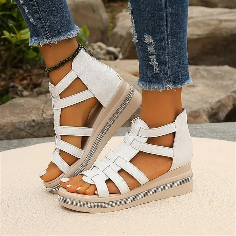 Women's Strappy Wedge Sandals With Rhinestone Detail