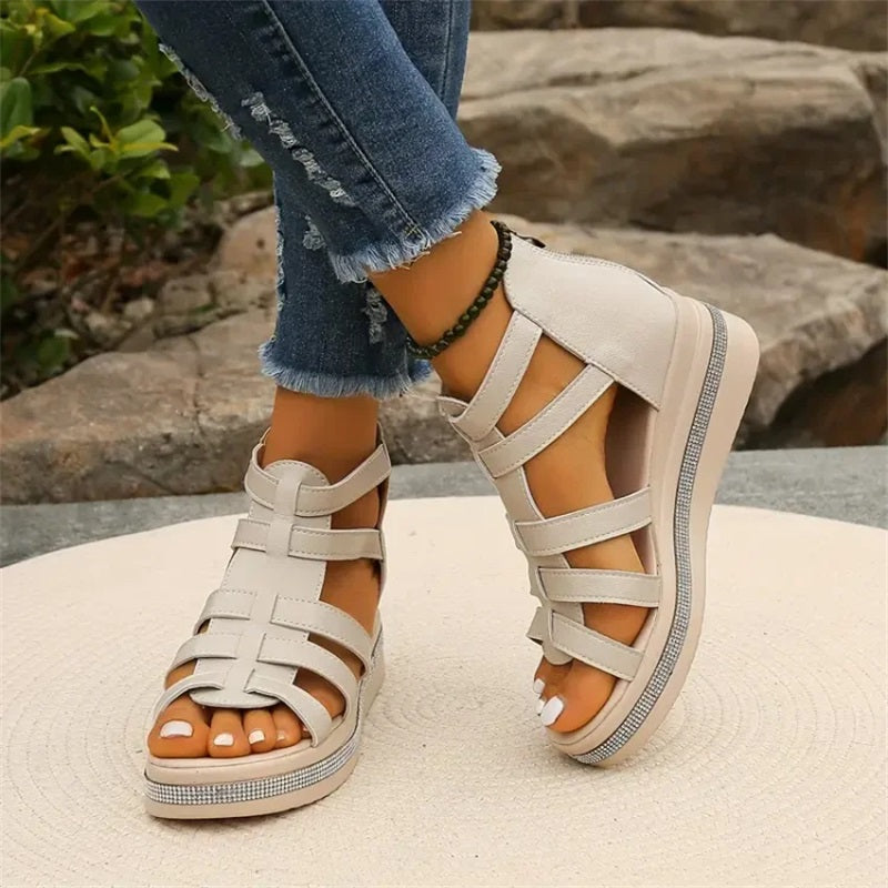 Women's Strappy Wedge Sandals With Rhinestone Detail