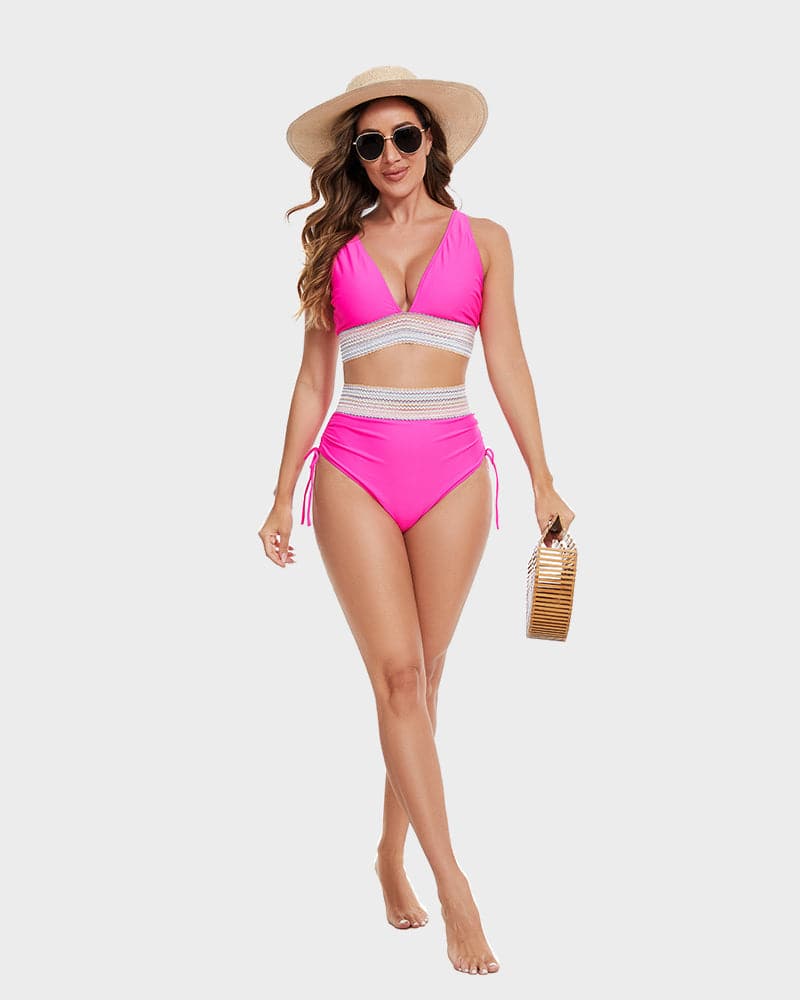 Women's Halter Bikini Set With Crochet Trim And High-waisted Bottoms