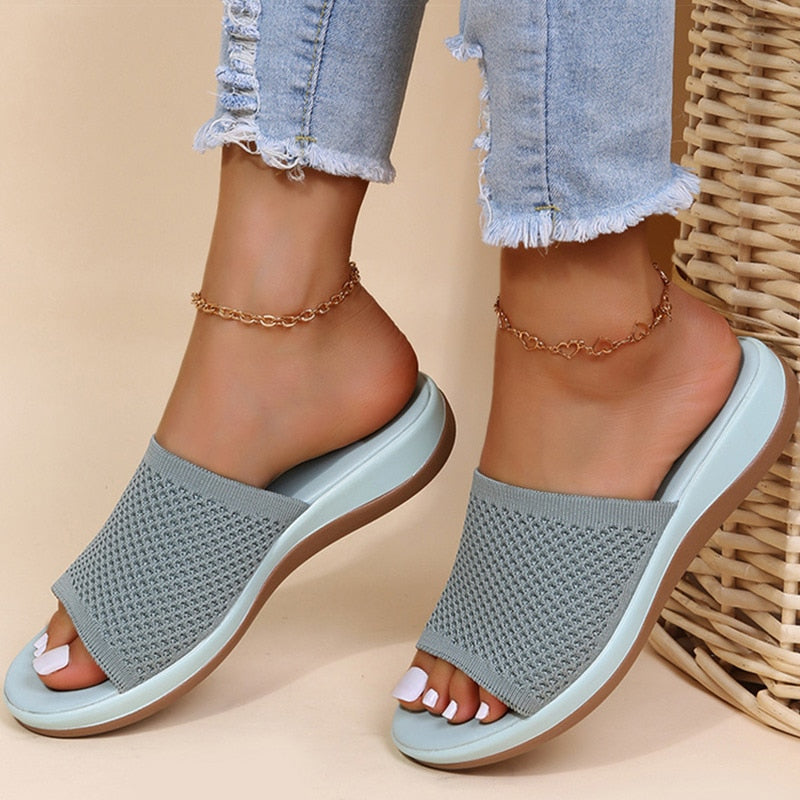 Women's Casual Slip-on Sandals With Knit Upper And Flat Sole
