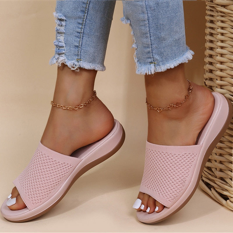 Women's Casual Slip-on Sandals With Knit Upper And Flat Sole