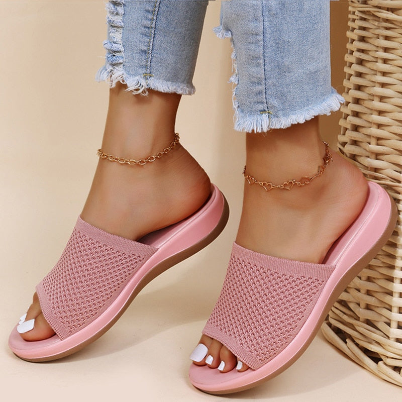 Women's Casual Slip-on Sandals With Knit Upper And Flat Sole