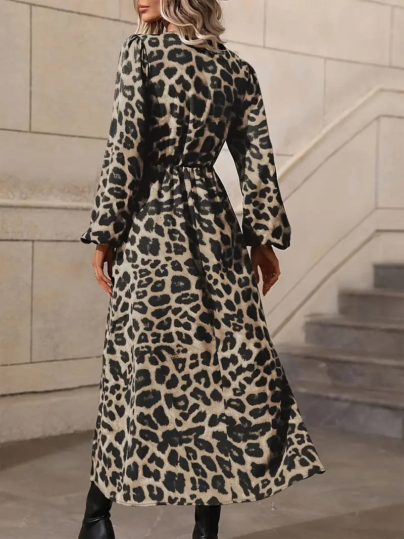 Women's Leopard Print Midi Dress With Long Sleeves And  Side Slit