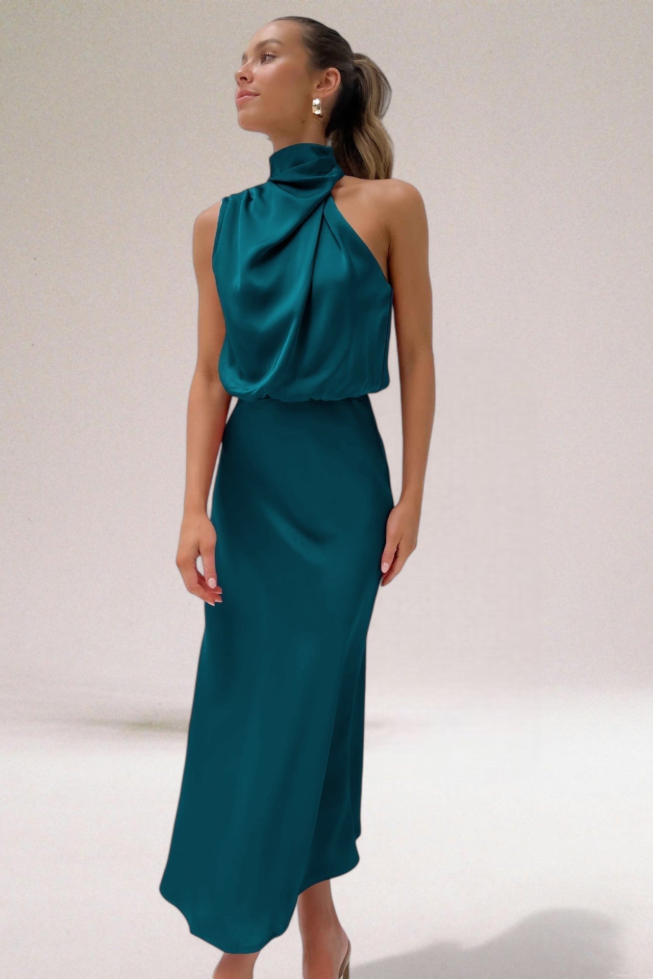 Women's Satin Maxi Dress With Halter Neckline