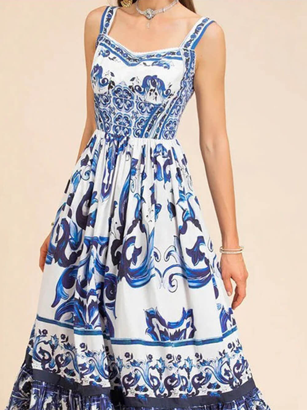 WOMEN'S PRINTED MIDI DRESS WITH SQUARE NECK AND SPAGHETTI STRAPS