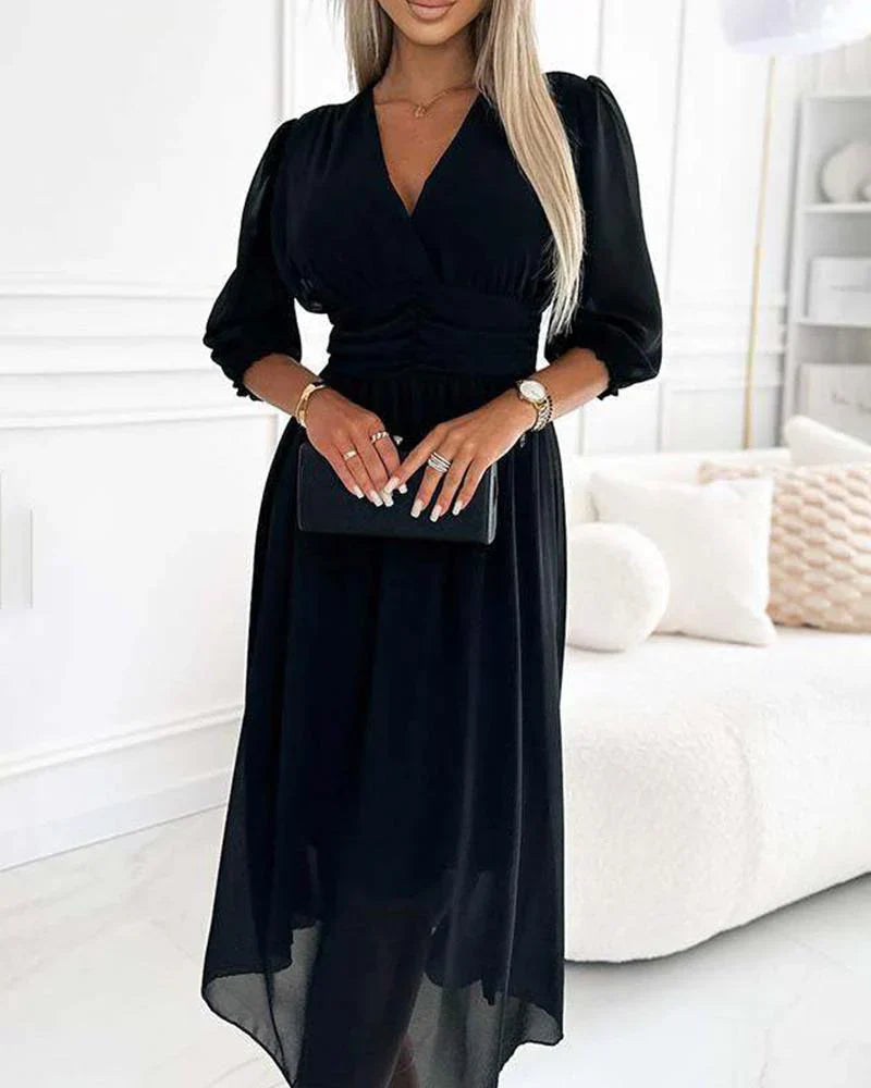 Women's Summer Midi Dress With V-neck & Puff Sleeves