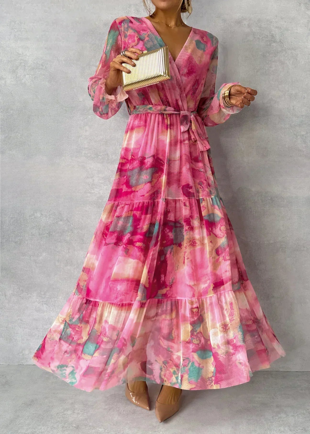 Women's Summer Floral Wrap Dress with Belt & Long Sleeves