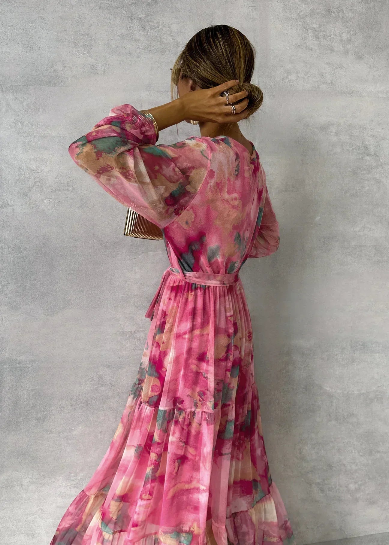 Women's Summer Floral Wrap Dress with Belt & Long Sleeves