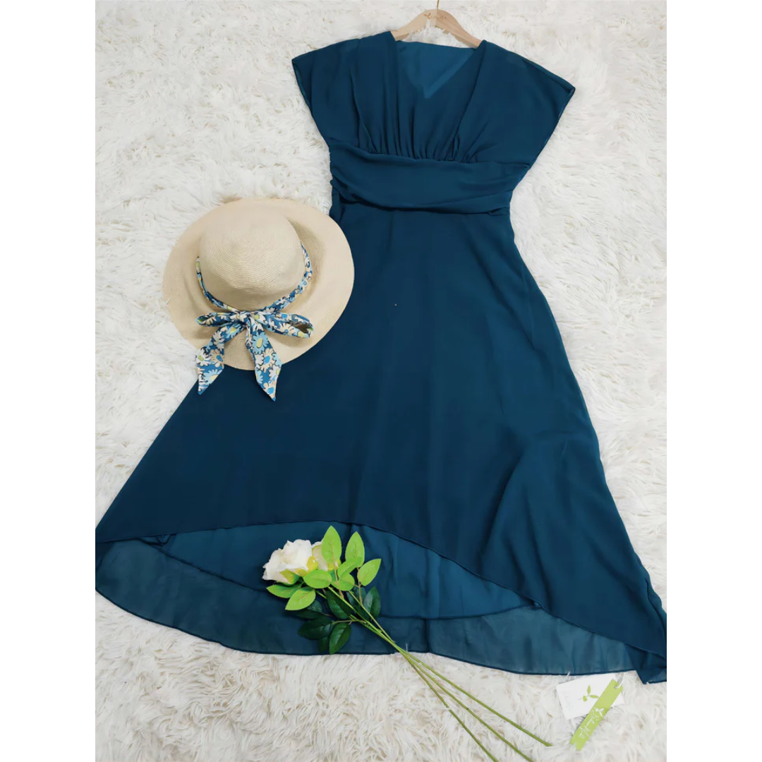 Women's Chiffon Midi Dress With V-neck And Short Sleeves