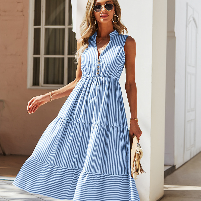 Women's Striped Midi Dress With Buttons & Layered Design