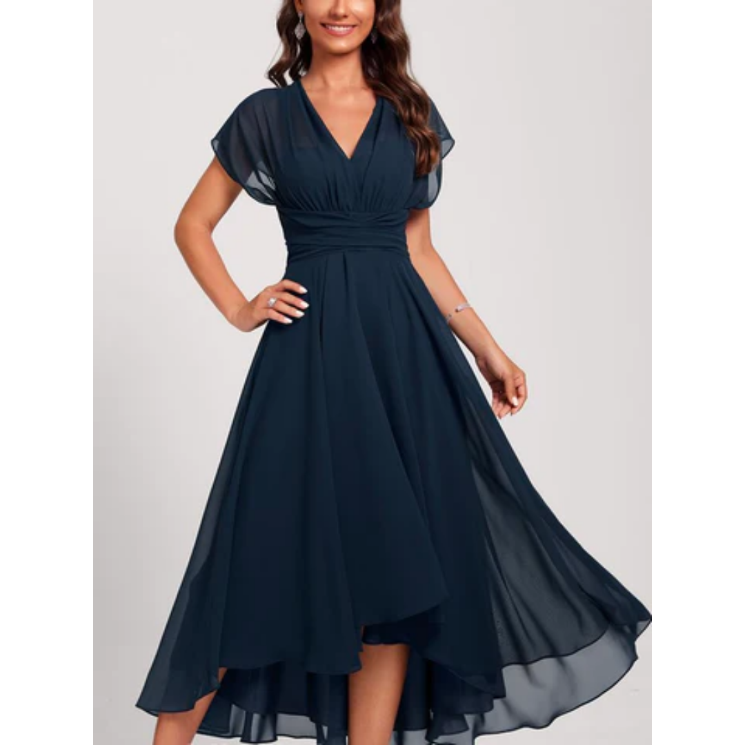 Women's Chiffon Midi Dress With V-neck And Short Sleeves