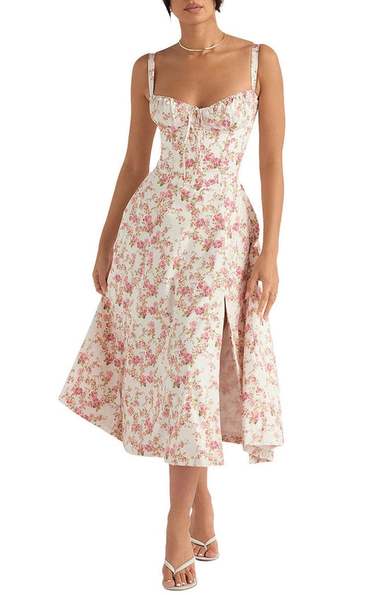 Women's Floral Sweetheart Neckline Summer Maxi Dress With Front Slit