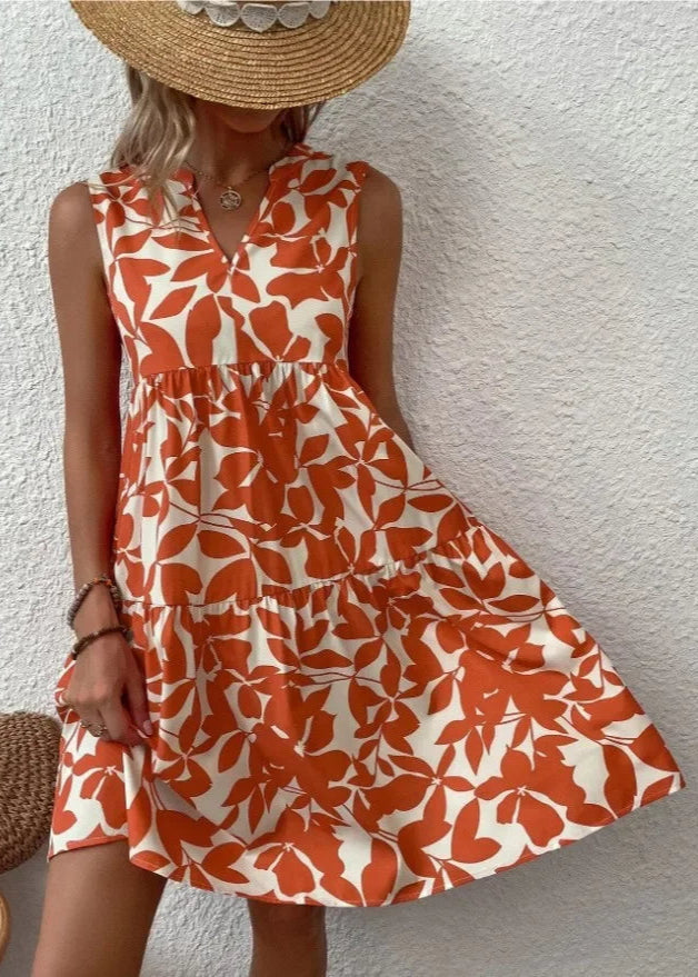 Women's Sleeveless Floral Summer Mini Dress With V-neck