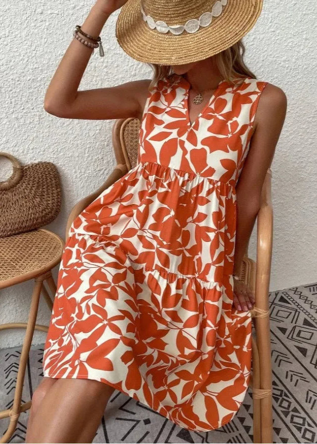 Women's Sleeveless Floral Summer Mini Dress With V-neck
