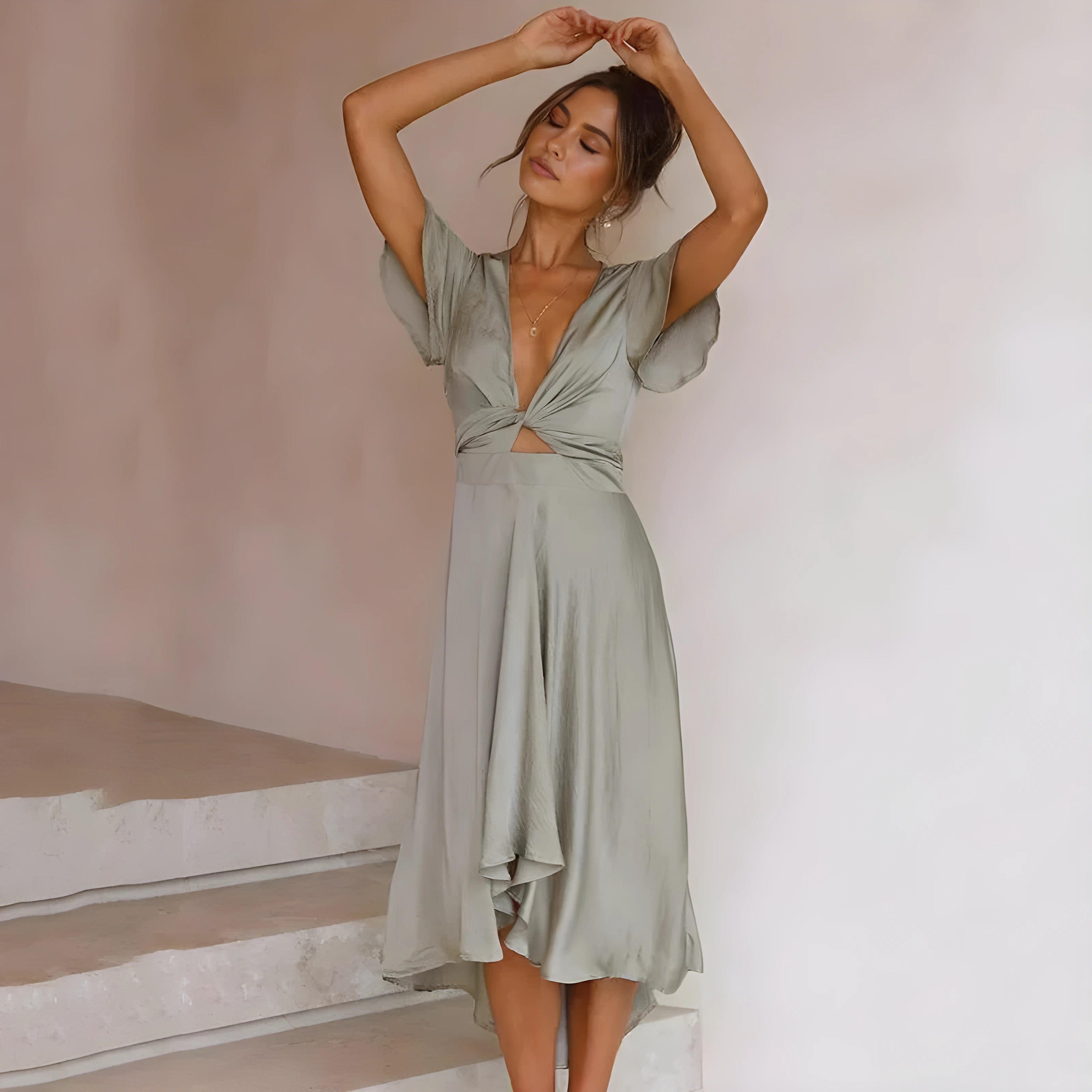 Women's Summer Midi Dress With V-neck And Tie Back