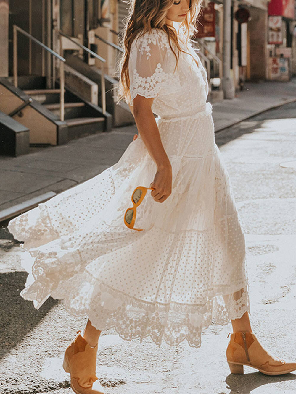 Women's Lace Maxi Dress With V-neck And Buttons