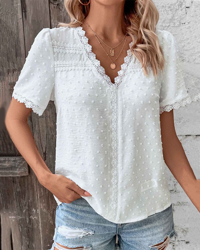 Women's Summer Blouse With V-neck And Lace Trim