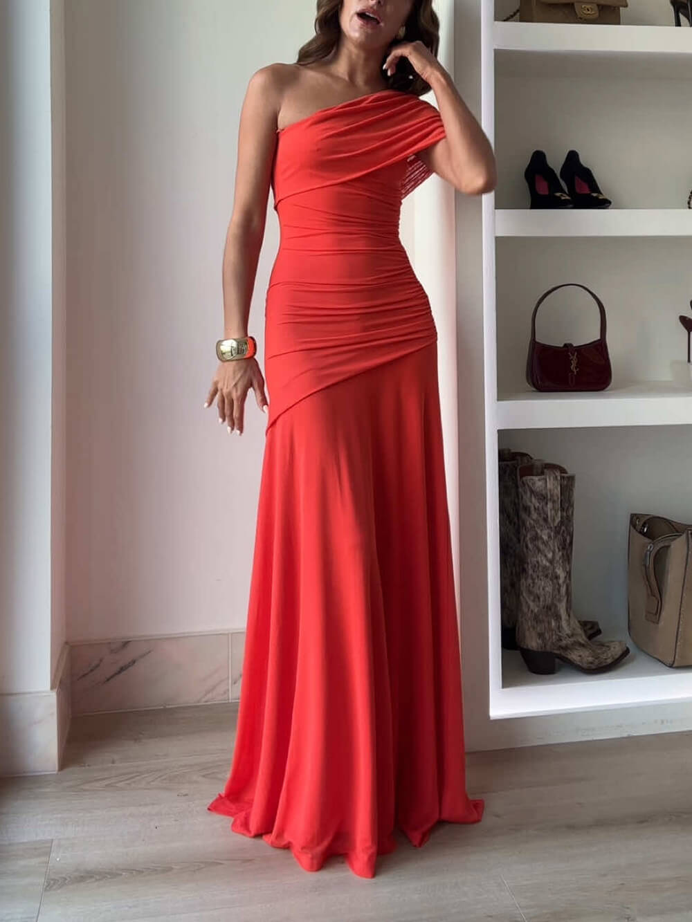 OFF-SHOULDER PLEATED LONG DRESS