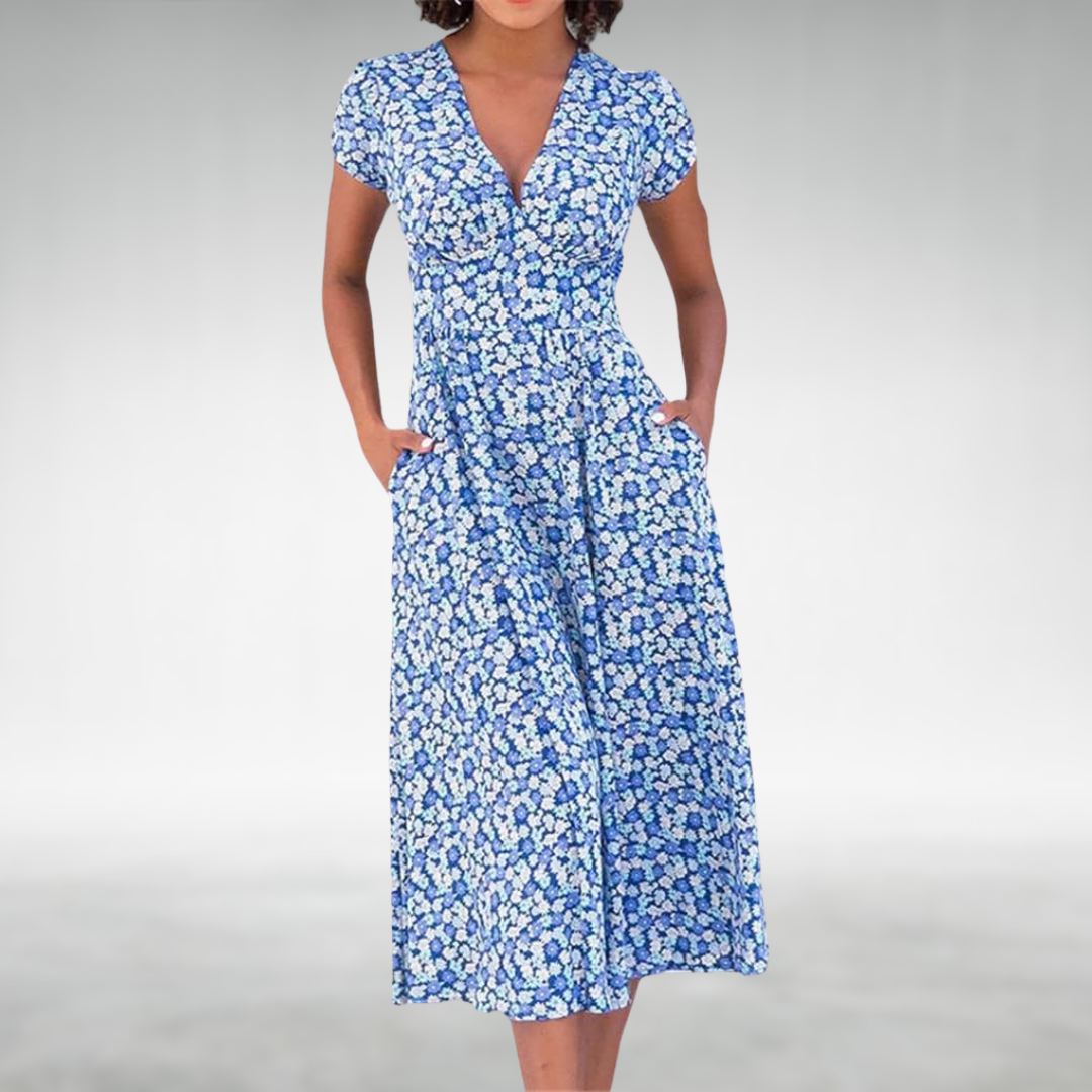 Women's Floral Summer Midi Dress With V-neck And Short Sleeves