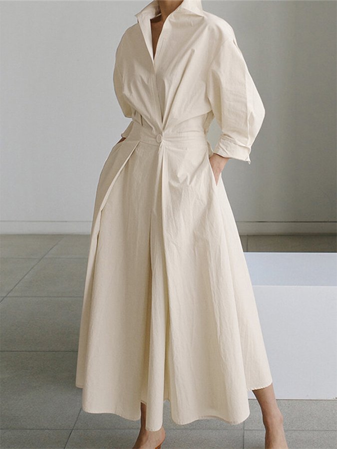 Women's Long Sleeve Shirt Dress With Collar And Tied Waist