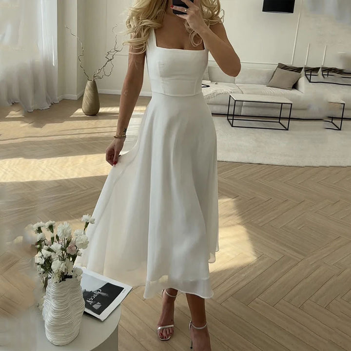 Women's Summer Midi Dress with Square Neckline & Sleeveless Design