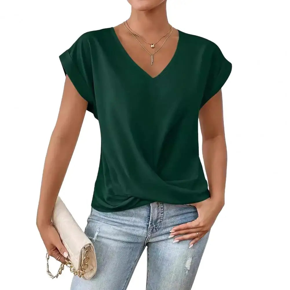 Women's Casual V-neck Blouse With Short Sleeves