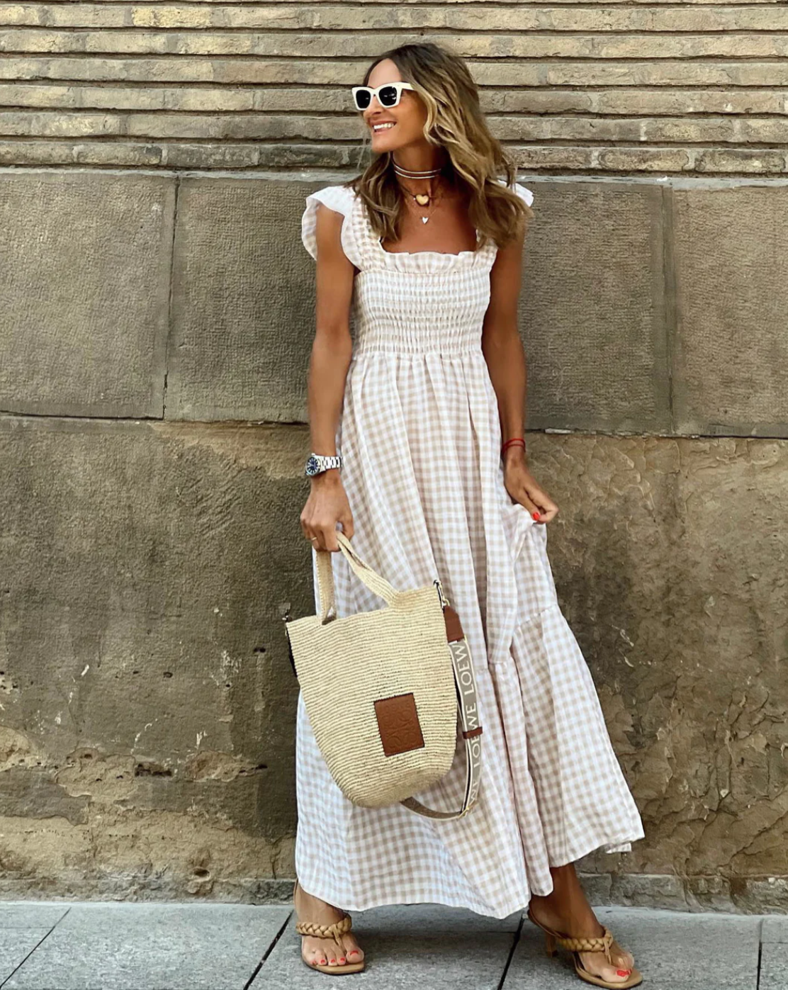 Women's Gingham Maxi Dress With Smocked Bodice & Ruffle Sleeves