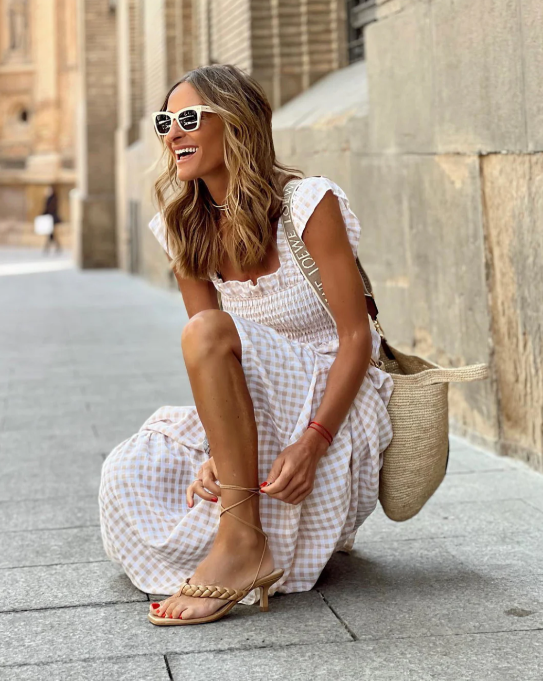 Women's Gingham Maxi Dress With Smocked Bodice & Ruffle Sleeves