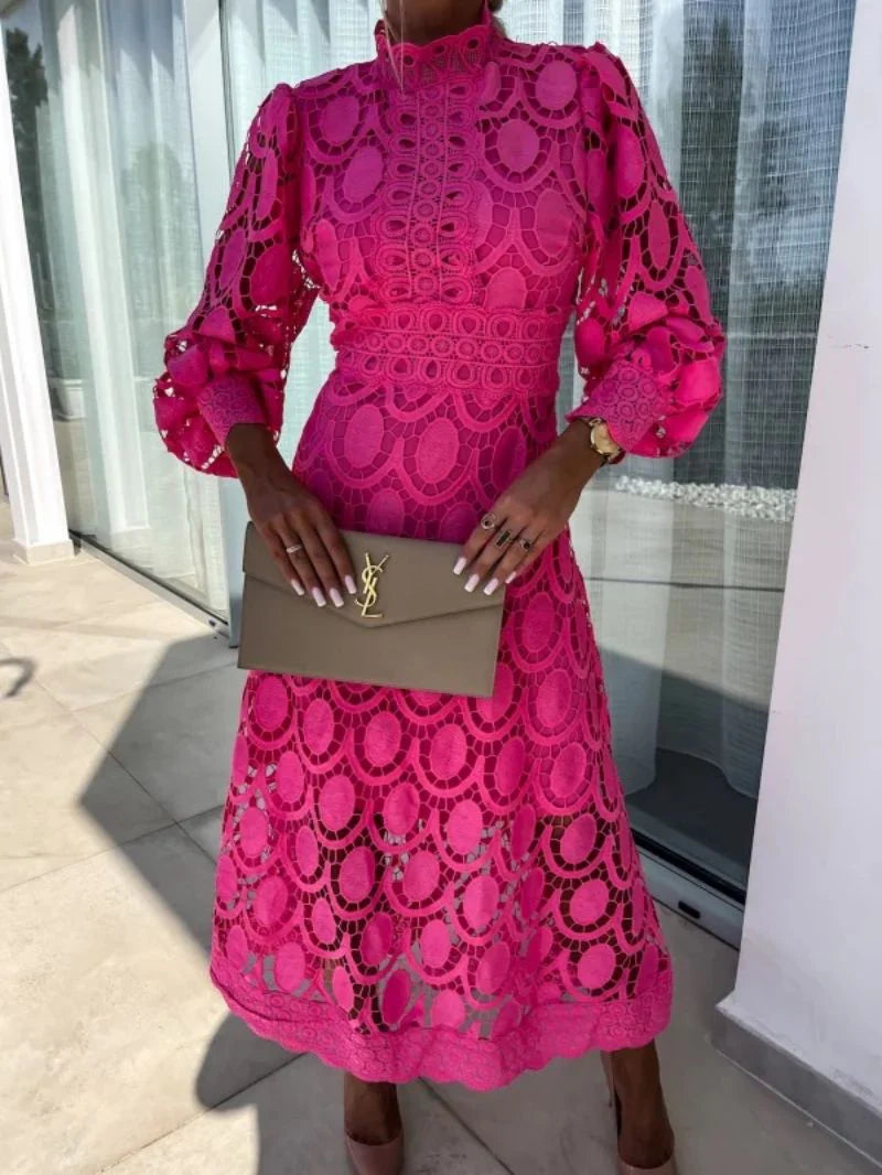 Women's Lace Midi Dress With High Neck & Puff Sleeves