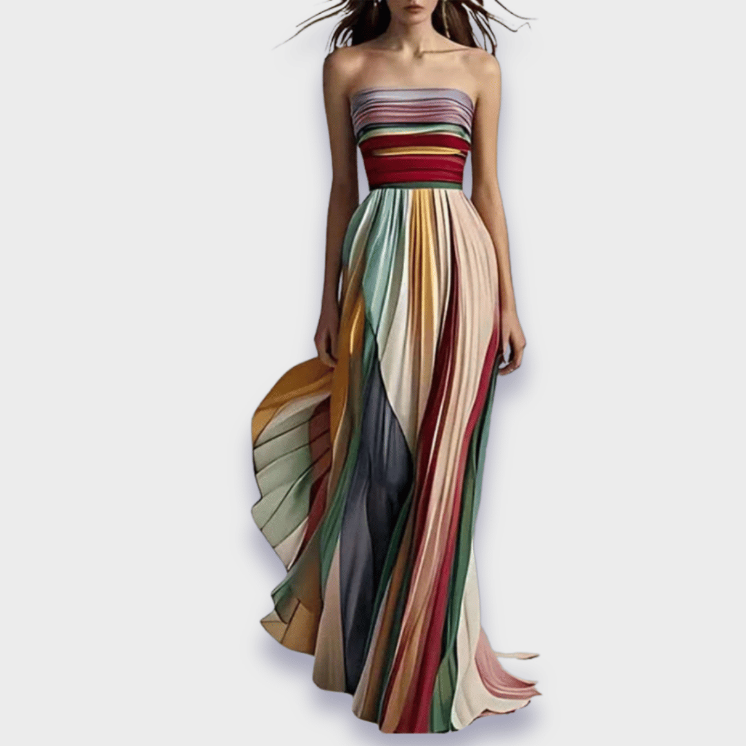 Women's Strapless Multicolour Pleated Maxi Dress