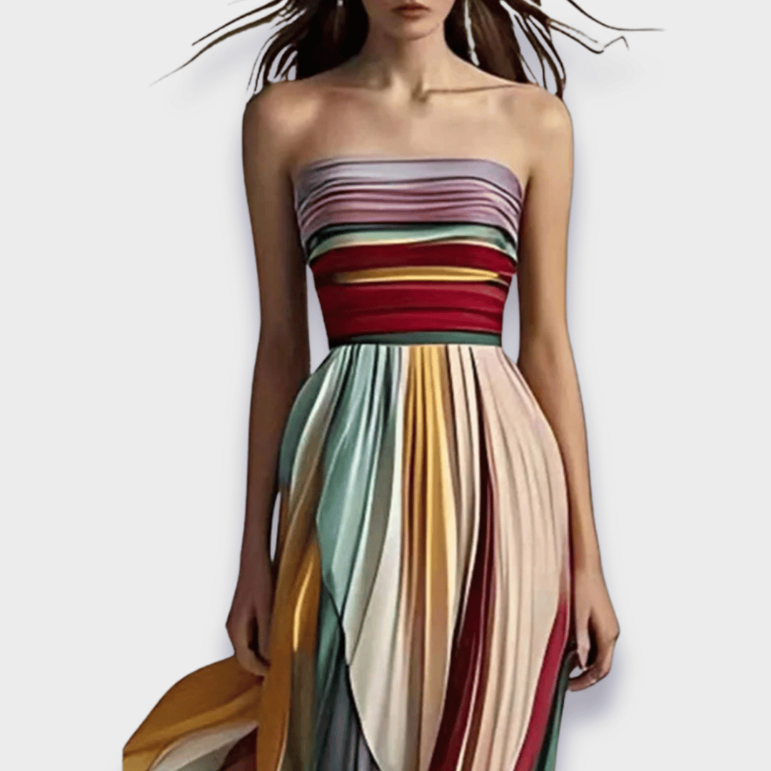 Women's Strapless Multicolour Pleated Maxi Dress